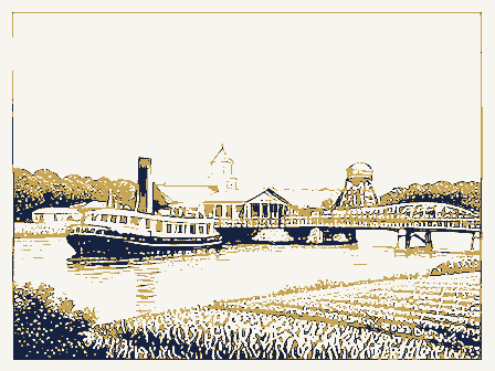 Decorative drawing: a county panorama. Not a photograph of this place.
