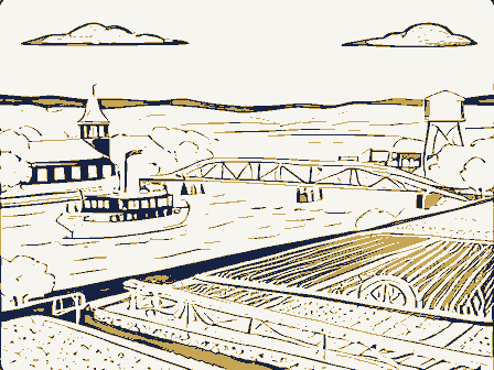 Decorative drawing: a county panorama. Not a photograph of this place.