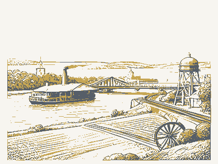Decorative drawing: a county panorama. Not a photograph of this place.