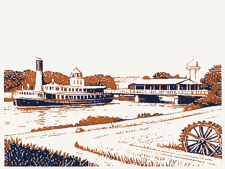 Decorative drawing: a county panorama. Not a photograph of this place.
