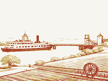 Decorative drawing: a county panorama. Not a photograph of this place.