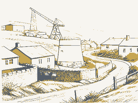 Decorative drawing: a hillside above a town. Not a photograph of this place.