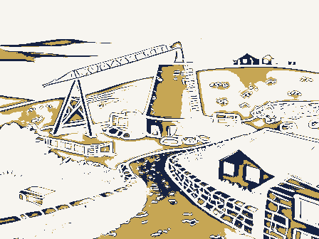 Decorative drawing: a hillside above a town. Not a photograph of this place.