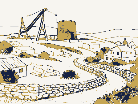 Decorative drawing: a hillside above a town. Not a photograph of this place.