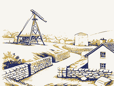 Decorative drawing: a hillside above a town. Not a photograph of this place.