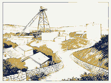Decorative drawing: a hillside above a town. Not a photograph of this place.