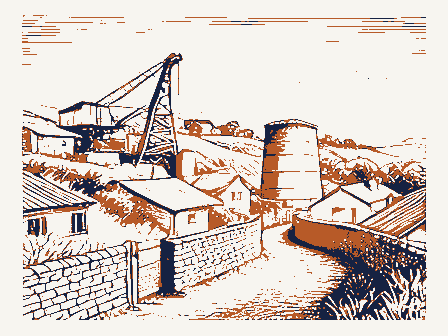 Decorative drawing: a hillside above a town. Not a photograph of this place.