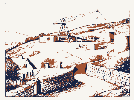 Decorative drawing: a hillside above a town. Not a photograph of this place.