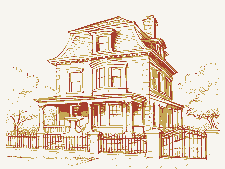 Decorative drawing: an ornate nineteenth-century American house. Not a photograph of this place.