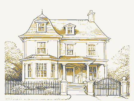 Decorative drawing: an ornate nineteenth-century American house. Not a photograph of this place.