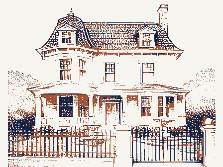 Decorative drawing: an ornate nineteenth-century American house. Not a photograph of this place.