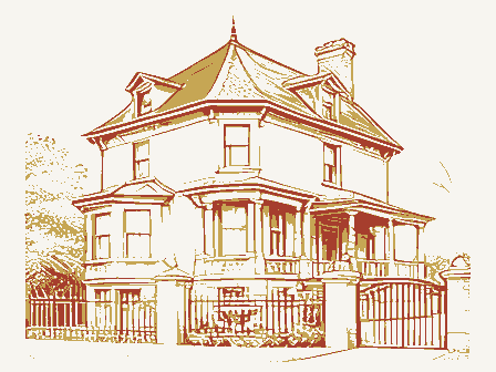 Decorative drawing: an ornate nineteenth-century American house. Not a photograph of this place.