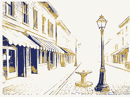 Decorative drawing: a busy small-town main street. Not a photograph of this place.