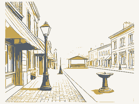 Decorative drawing: a busy small-town main street. Not a photograph of this place.