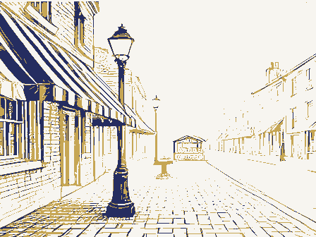 Decorative drawing: a busy small-town main street. Not a photograph of this place.