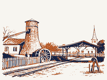 Decorative drawing: a farm township drawn in detail. Not a photograph of this place.