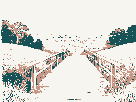 Decorative drawing: a wooden footbridge over a ravine with a handrail. Not a photograph of this place.