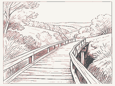 Decorative drawing: a wooden footbridge over a ravine with a handrail. Not a photograph of this place.