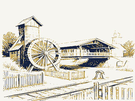 Decorative drawing: a farm township drawn in detail. Not a photograph of this place.