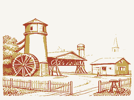 Decorative drawing: a farm township drawn in detail. Not a photograph of this place.