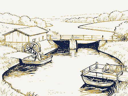Decorative drawing: a river bend. Not a photograph of this place.