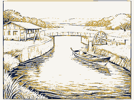 Decorative drawing: a river bend. Not a photograph of this place.