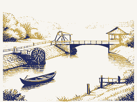 Decorative drawing: a river bend. Not a photograph of this place.