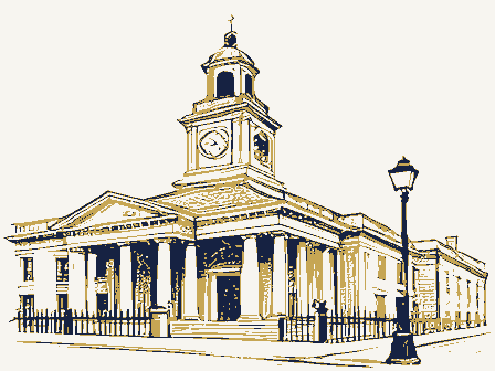 Decorative drawing: a nineteenth-century public building. Not a photograph of this place.