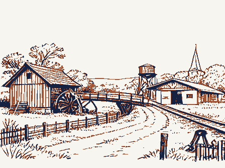 Decorative drawing: a farm township drawn in detail. Not a photograph of this place.