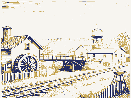 Decorative drawing: a farm township drawn in detail. Not a photograph of this place.