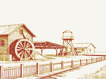 Decorative drawing: a farm township drawn in detail. Not a photograph of this place.