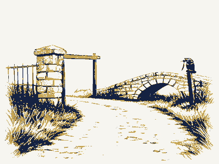 Decorative drawing: a country lane. Not a photograph of this place.