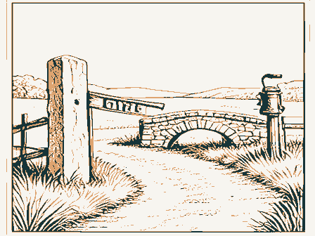 Decorative drawing: a country lane. Not a photograph of this place.