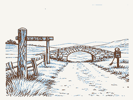Decorative drawing: a country lane. Not a photograph of this place.