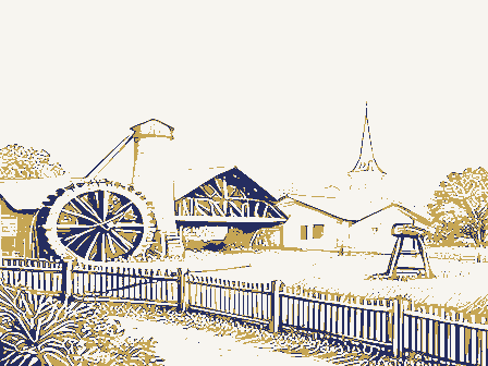 Decorative drawing: a farm township drawn in detail. Not a photograph of this place.