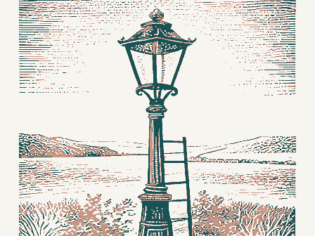 Decorative drawing: a gas streetlamp on an ornate cast-iron post with a ladder rest. Not a photograph of this place.