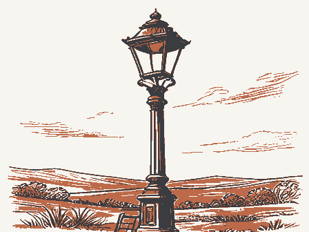 Decorative drawing: a gas streetlamp on an ornate cast-iron post with a ladder rest. Not a photograph of this place.