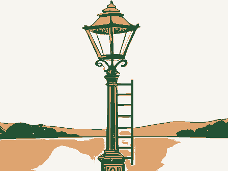 Decorative drawing: a gas streetlamp on an ornate cast-iron post with a ladder rest. Not a photograph of this place.