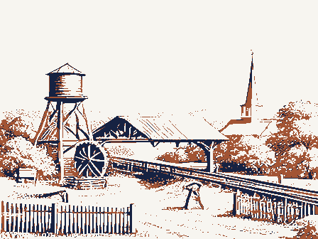 Decorative drawing: a farm township drawn in detail. Not a photograph of this place.