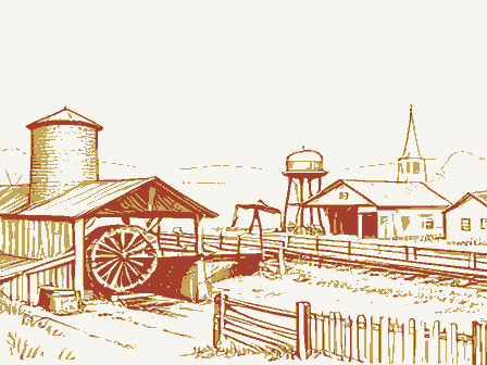 Decorative drawing: a farm township drawn in detail. Not a photograph of this place.