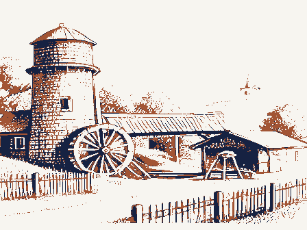 Decorative drawing: a farm township drawn in detail. Not a photograph of this place.