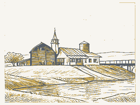 Decorative drawing: a small American settlement seen from a low hill. Not a photograph of this place.