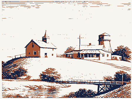 Decorative drawing: a small American settlement seen from a low hill. Not a photograph of this place.