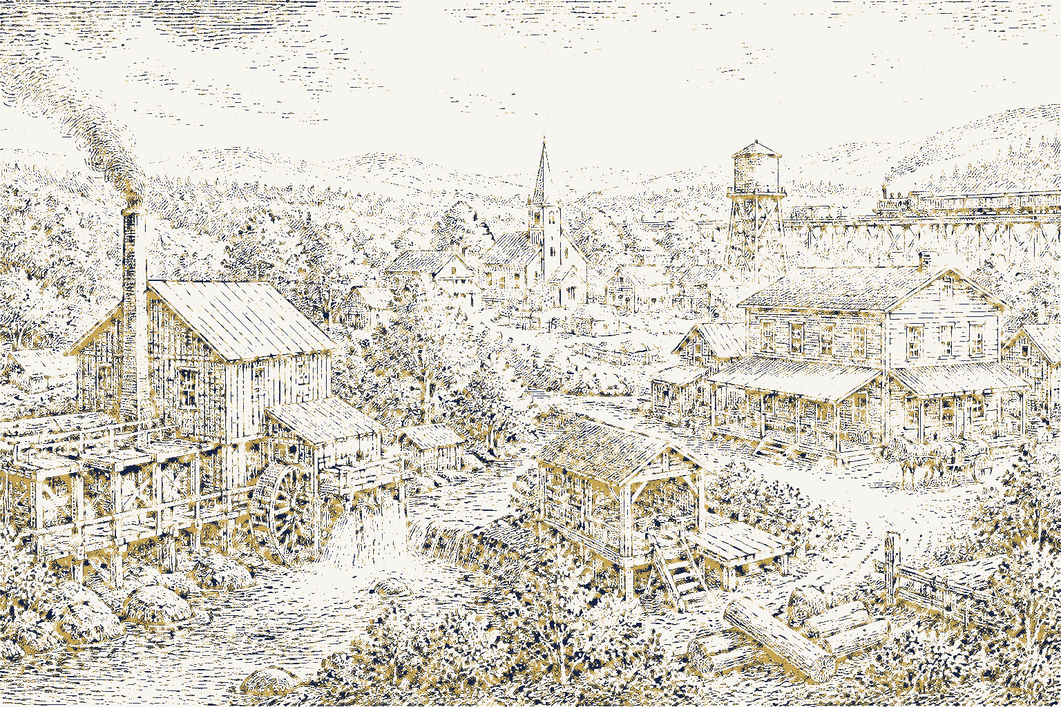 Decorative drawing: a small American settlement seen from a low hill. Not a photograph of this place.
