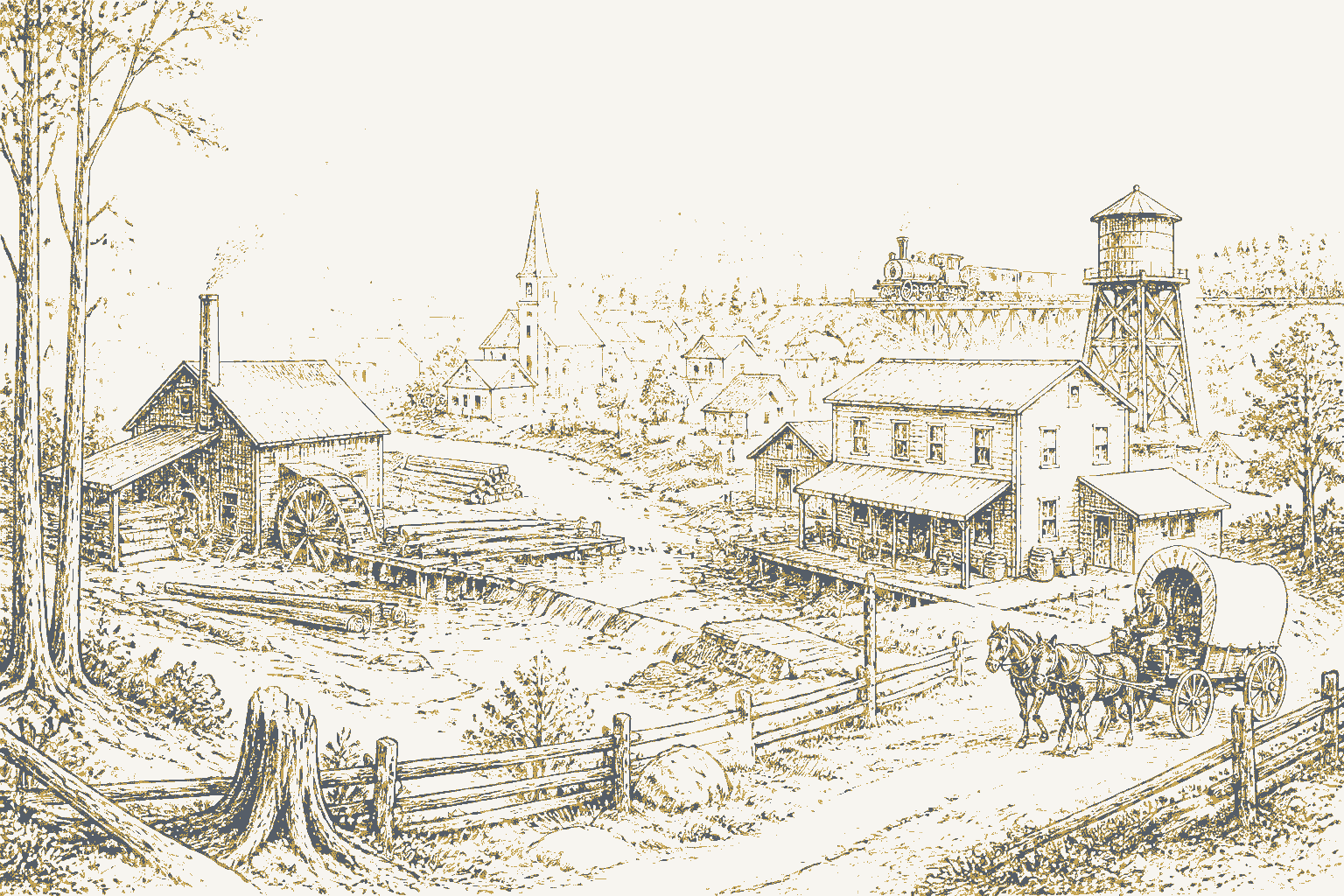 Decorative drawing: a small American settlement seen from a low hill. Not a photograph of this place.