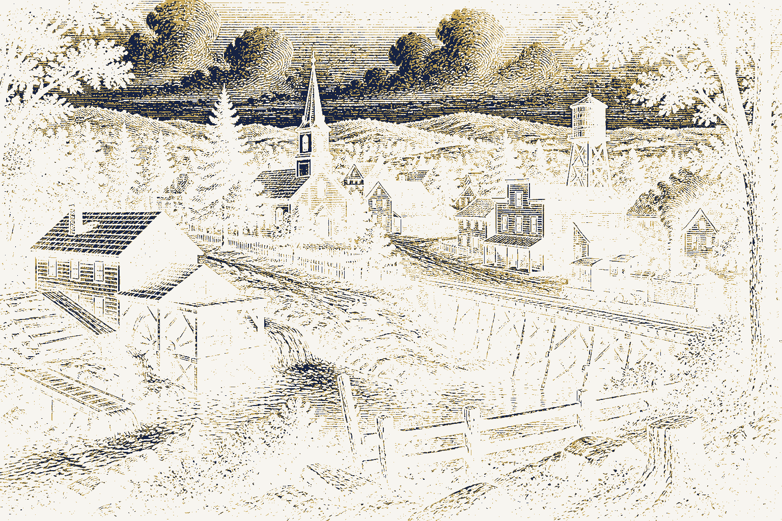 Decorative drawing: a small American settlement seen from a low hill. Not a photograph of this place.