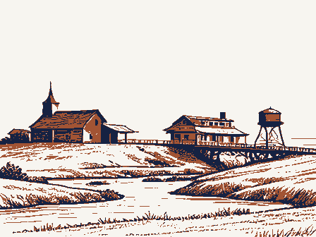 Decorative drawing: a small American settlement seen from a low hill. Not a photograph of this place.