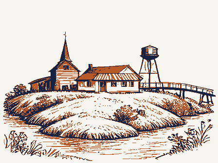 Decorative drawing: a small American settlement seen from a low hill. Not a photograph of this place.