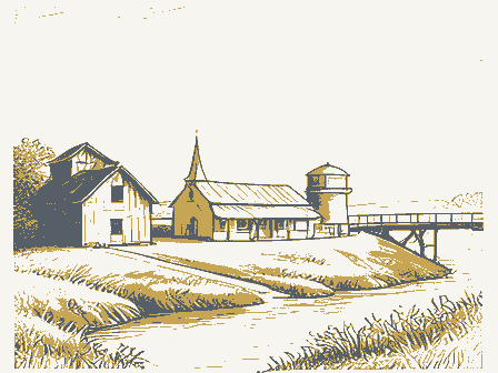 Decorative drawing: a small American settlement seen from a low hill. Not a photograph of this place.
