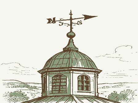 Decorative drawing: a wrought-iron weathervane on a cupola roof. Not a photograph of this place.